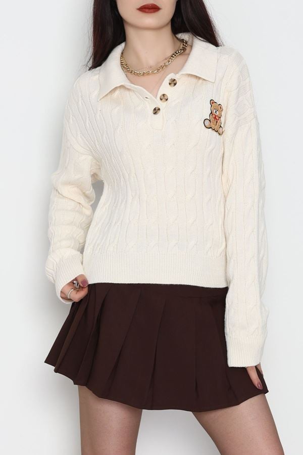 Saç Örgü Nakışlı Triko Kazak Bej - 2162.1247.