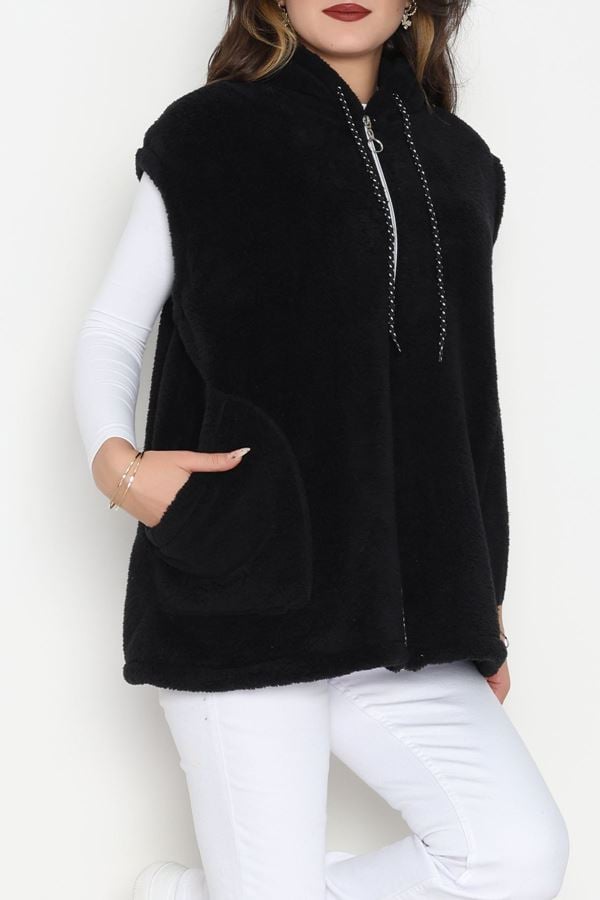 Fermuarlı Kapşonlu Peluş Yelek Siyah - 51059.701.