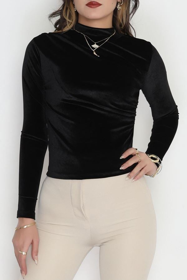 Balıkçı Yaka Uzun Kol Kadife Bluz Siyah - 3641.1595.