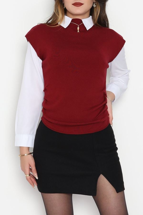 Yanları Büzgülü Triko Bluz Bordo - 51110.1765.