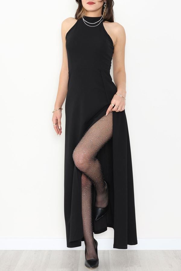 Halter Yaka İthal Krep Elbise Siyah - 42686.1256.