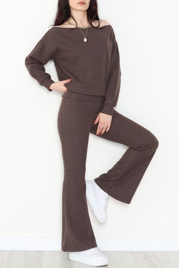 Kayık Yaka Selanik Kumaş İkili Takım Kahve - 42739.1567.