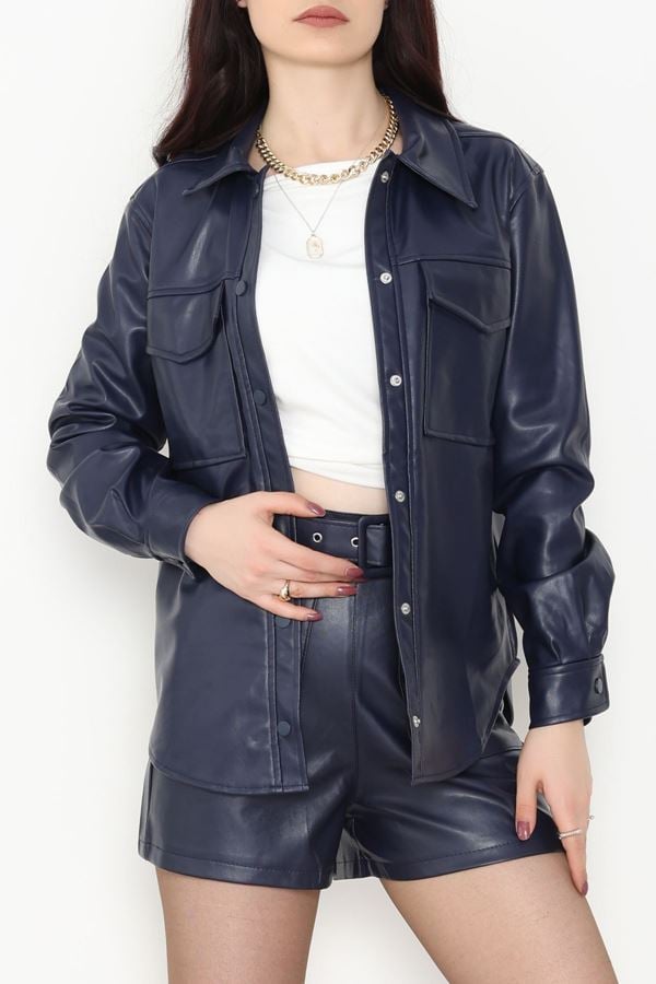 Zra Kumaş Cep Detaylı Düğmeli Gömlek Lacivert - 51085.1779.