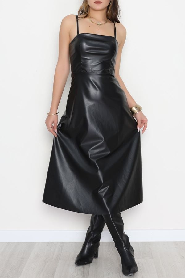 Pu Deri Midi Boy Elbise Siyah - 51075.1779.