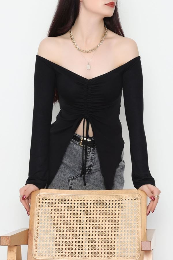 Buzzy Kumaş Önü Ayarlanabilir Büzgülü Bluz Siyah - 1009.2119.