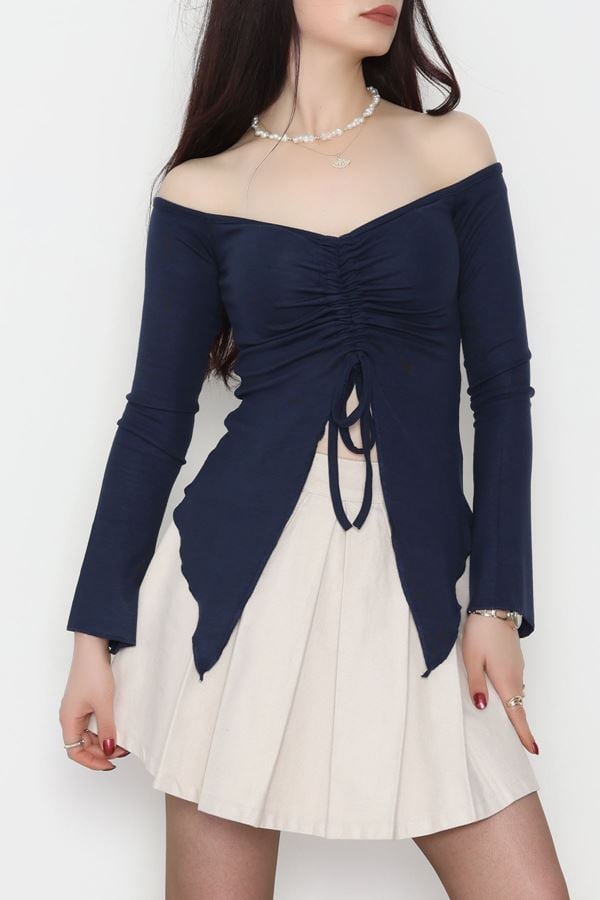 Buzzy Kumaş Önü Ayarlanabilir Büzgülü Bluz Lacivert - 1009.2119.