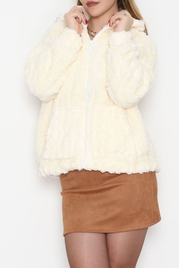 Kapşonlu Peluş Ceket Ekru - 4116.1247.