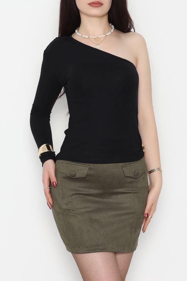 Buzzy Kumaş Tek Omuz Toka Detaylı Bluz Siyah - 1052.2119.