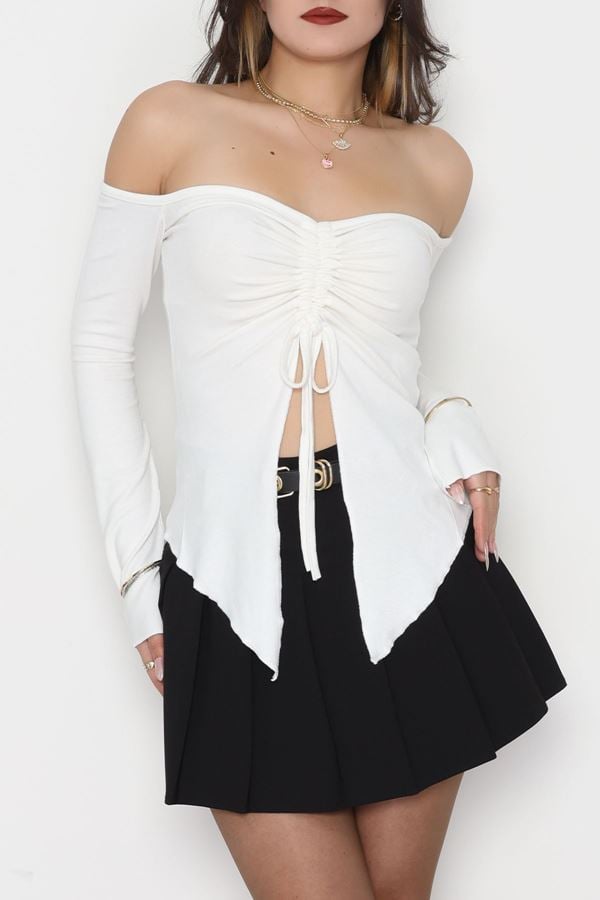 Buzzy Kumaş Önü Ayarlanabilir Büzgülü Bluz Ekru - 1009.2119.