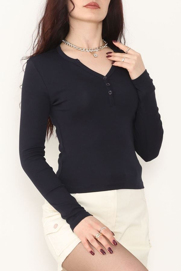 Ribana Kumaş V Yaka Düğme Detay Body Lacivert - 21926.200.