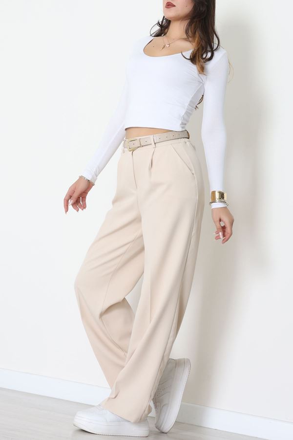 Dabıl Kumaş Bel Lastikli Palazzo Pantolon Bej - 2082.1991.