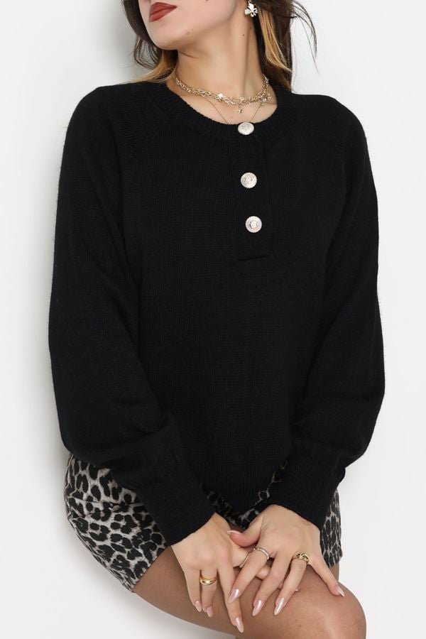 Yumuşak Dokulu Düğme Detay Triko Kazak Siyah - 70881.1765.