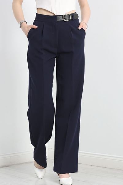 Double Kumaş Kemerli Palazzo Pantolon Lacivert - 30760.1397.