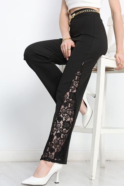 Dalgıç Kumaş Yanları Dantel Tayt Siyah1 - 60004.1905.