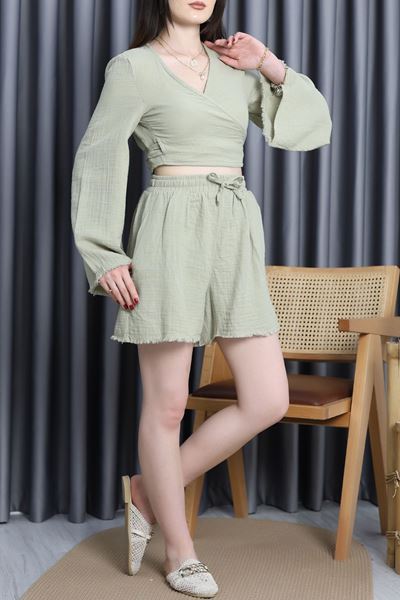 Bağlama Detaylı Müslin Şortlu Takım Çağla - 41568.308.