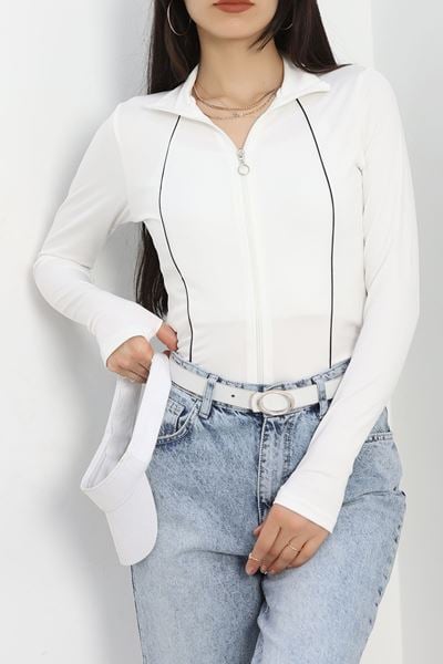 Biyeli Fermuarlı Dalgıç Body Ceket Beyaz - 50203.053.