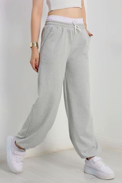 Özel Tasarım İki İplik Beli Lastikli Eşofman Gribeyaz - 70175.1857.