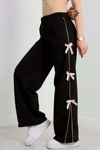 Özel Tasarım Biyeli Kurdeleli İki İplik Eşofman Altı Siyah - 70192.1857.