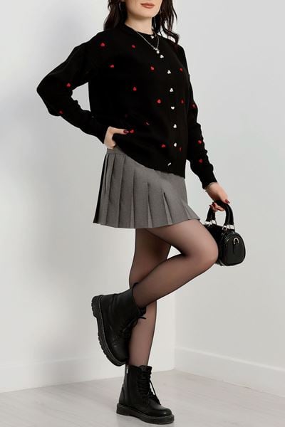 Kalp Detaylı Hırka Siyahkırmızı - 3219.1577.