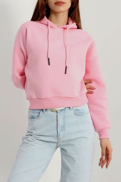 3 İplik Kapşonlu Crop Sweat Pembe - 20959.1878.