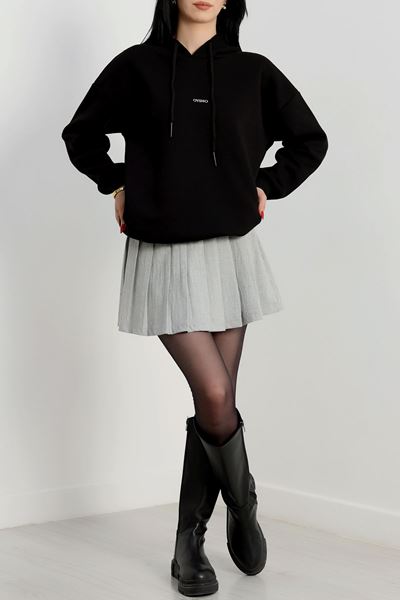 3 İplik Kapşonlu  Baskılı Sweat Siyah - 42223.1878.