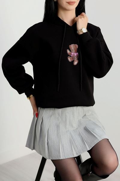 3 İplik Kapşonlu Baskılı Sweat Siyah - 42229.1878.