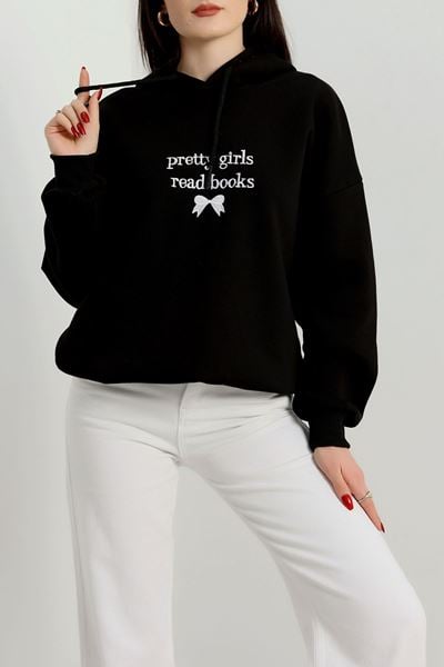 3 İplik Kapşonlu Nakışlı Sweat Siyahbeyaz - 42228.1878.