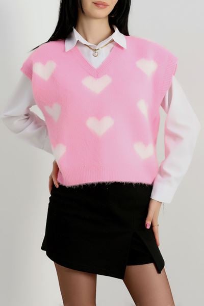 V Yaka Kalpli Süveter Pembe - 2410.1765.