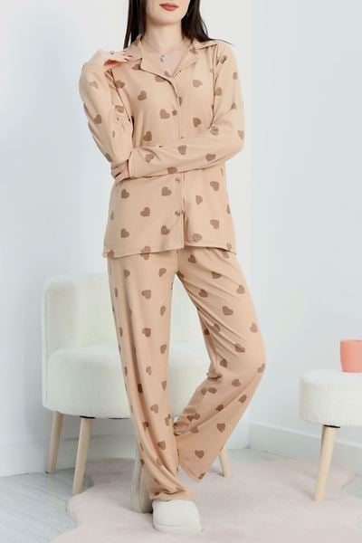 Düğmeli Süet Pijama Takımı Kahvekalp - 450.1287.