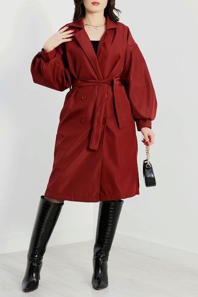 Balon Kol Astarsız Kuşaklı Trençkot Bordo - 31134.147.