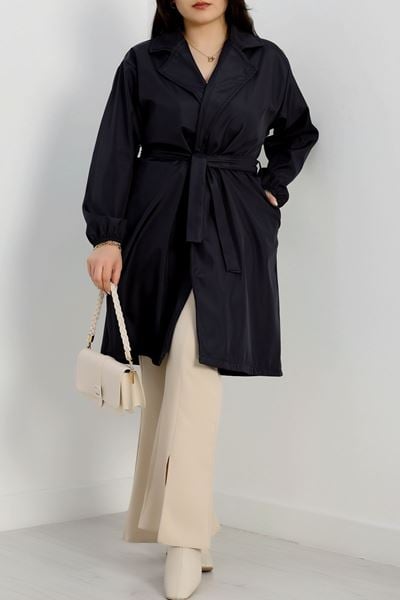 Büyük Beden Kol Lastikli Astarsız Kuşaklı Trençkot Lacivert - 31156.147.