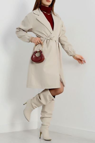 Kol Lastikli Astarsız Kuşaklı Trençkot Taş - 31135.147.