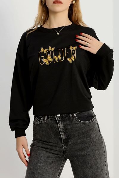 2 İplik Baskılı Sweatshirt Siyah - 31303.1878.