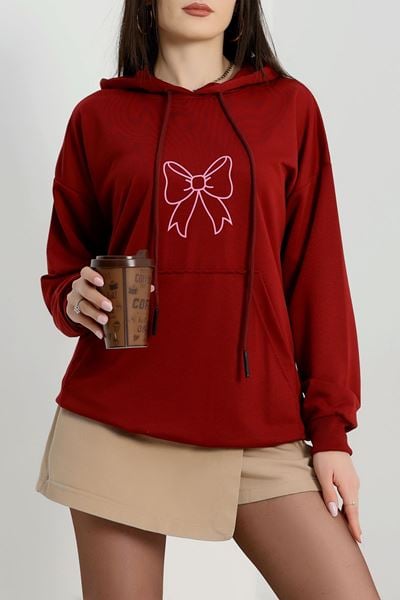 Kapşonlu 2 İplik Baskılı Sweat Bordo - 31304.1878.