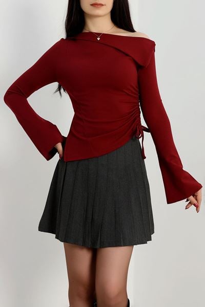 Zra Krep Kayık Yaka Drapeli Bluz Bordo - 70771.1918.