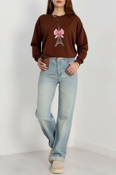 2 İplik Baskılı Sweatshirt Acıkahve - 31301.1878.
