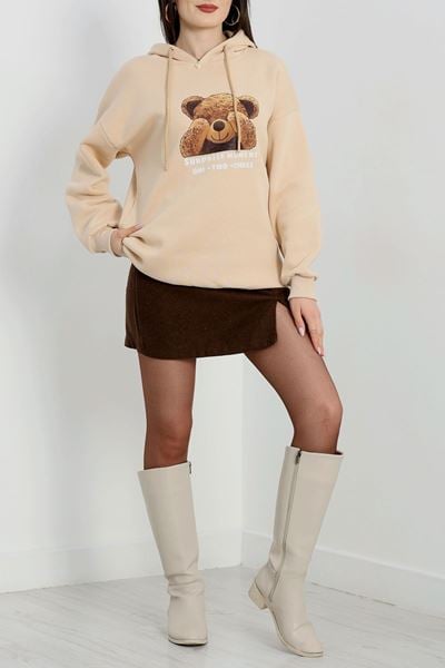 3 İplik Kapşonlu Baskılı Sweat Bej - 42220.1878.