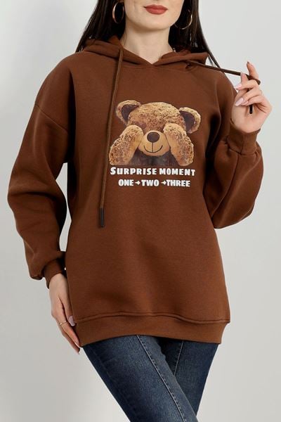 3 İplik Kapşonlu Baskılı Sweat Kahve - 42220.1878.