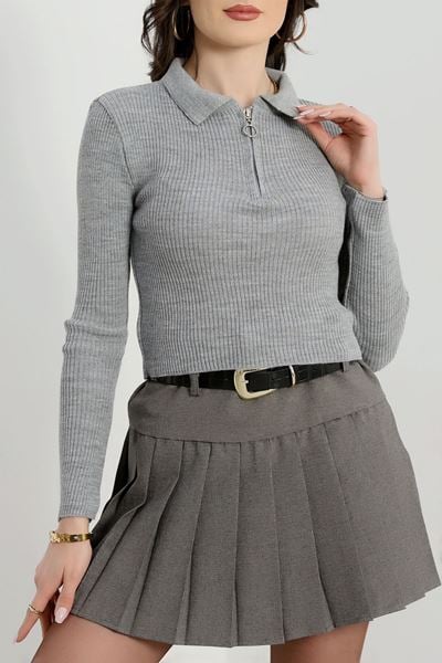 Fermuarlı Polo Yaka Triko Gri - 4009.2043.
