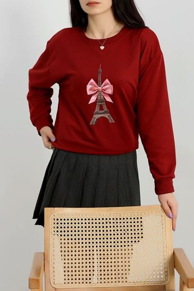 2 İplik Baskılı Sweatshirt Bordo - 31301.1878.