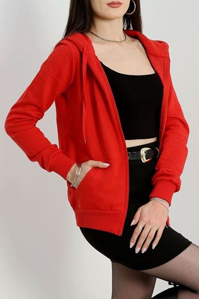 İç Tüylü Kapşonlu Fermuarlı Sweat Kırmızı - 11866.108.