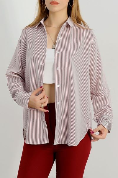 Çizgili Rahat Kalıp Gömlek Bordoçizgili - 90159.1949.