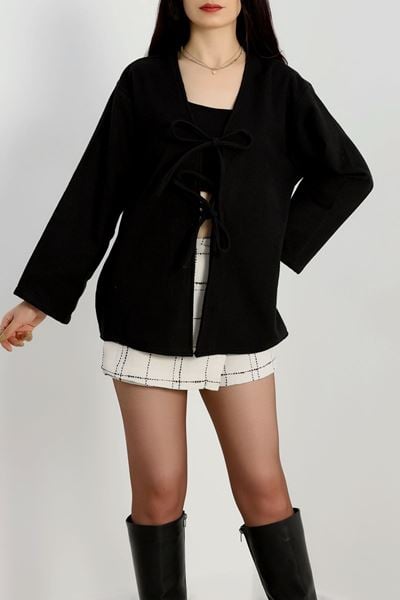 Önü Bağcıklı Kaşe Hırka Siyah - 70995.1775.