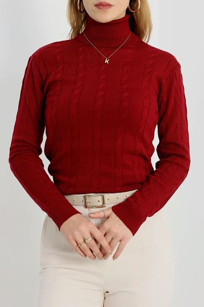 Örgü Desenli Balıkçı Yaka Triko Bordo - 4015.2043.