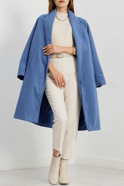 110 Cm Astarlı Kaşe Kaban İndigo - 90038.1839.