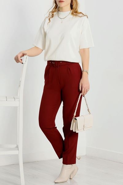 Kemerli Kumaş Pantolon Mürdüm - 20369.1397.