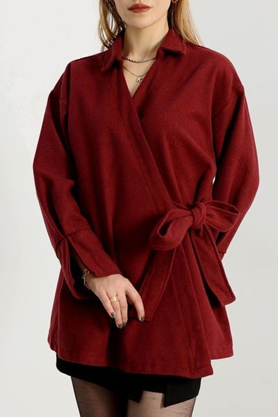 Bağlamalı Kruvaze Yaka Kaşe Ceket Bordo - 70993.1775.