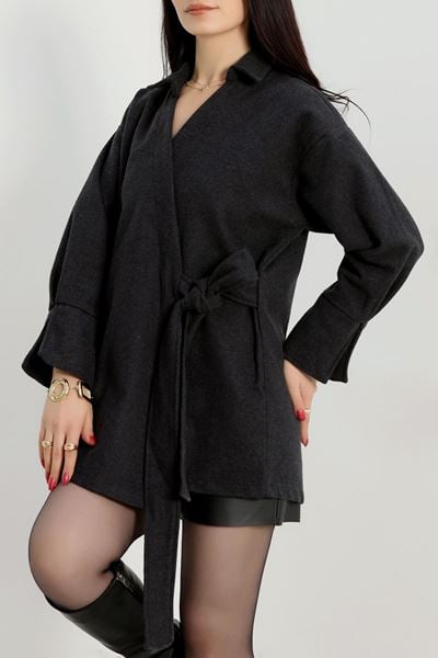 Bağlamalı Kruvaze Yaka Kaşe Ceket Füme - 70993.1775.