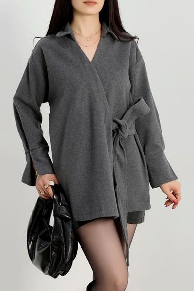 Bağlamalı Kruvaze Yaka Kaşe Ceket Antrasit - 70993.1775.