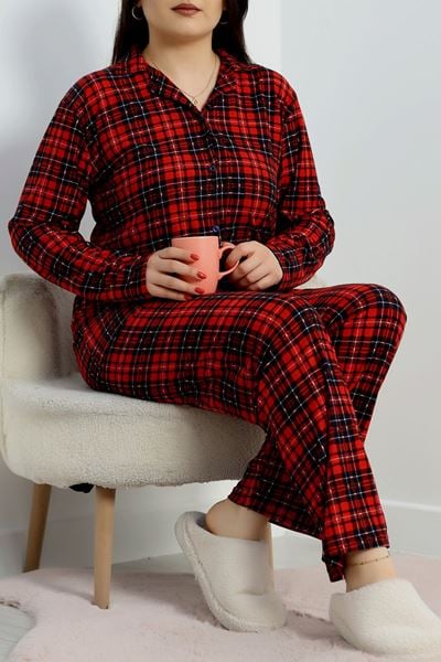 Büyük Beden Süet Düğmeli Pijama Takımı Kırmızıekose - 455.1287.
